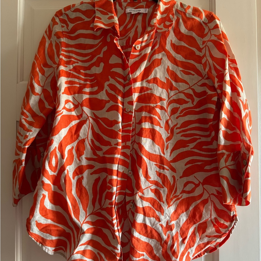 Chico's Orange and Creamy Tan Button Down Shirt